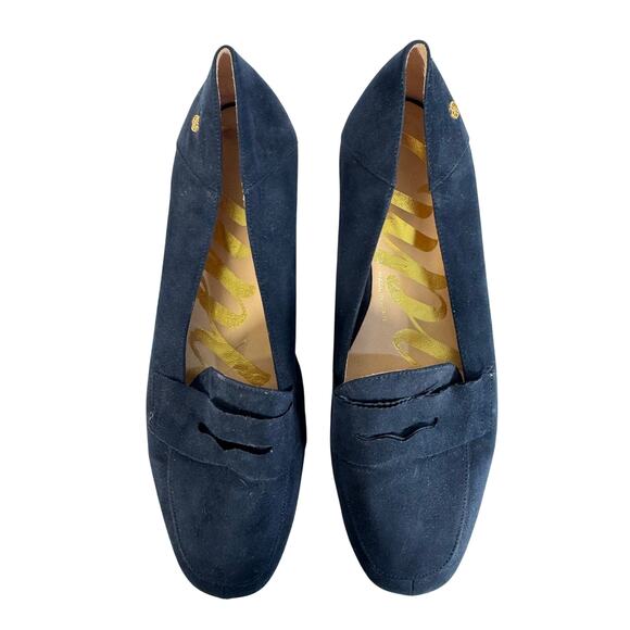 Cupio Women’s Size Made in Spain Navy Suede Loafers | 1” Heel | Gold Logo Detail - Picture 2 of 6